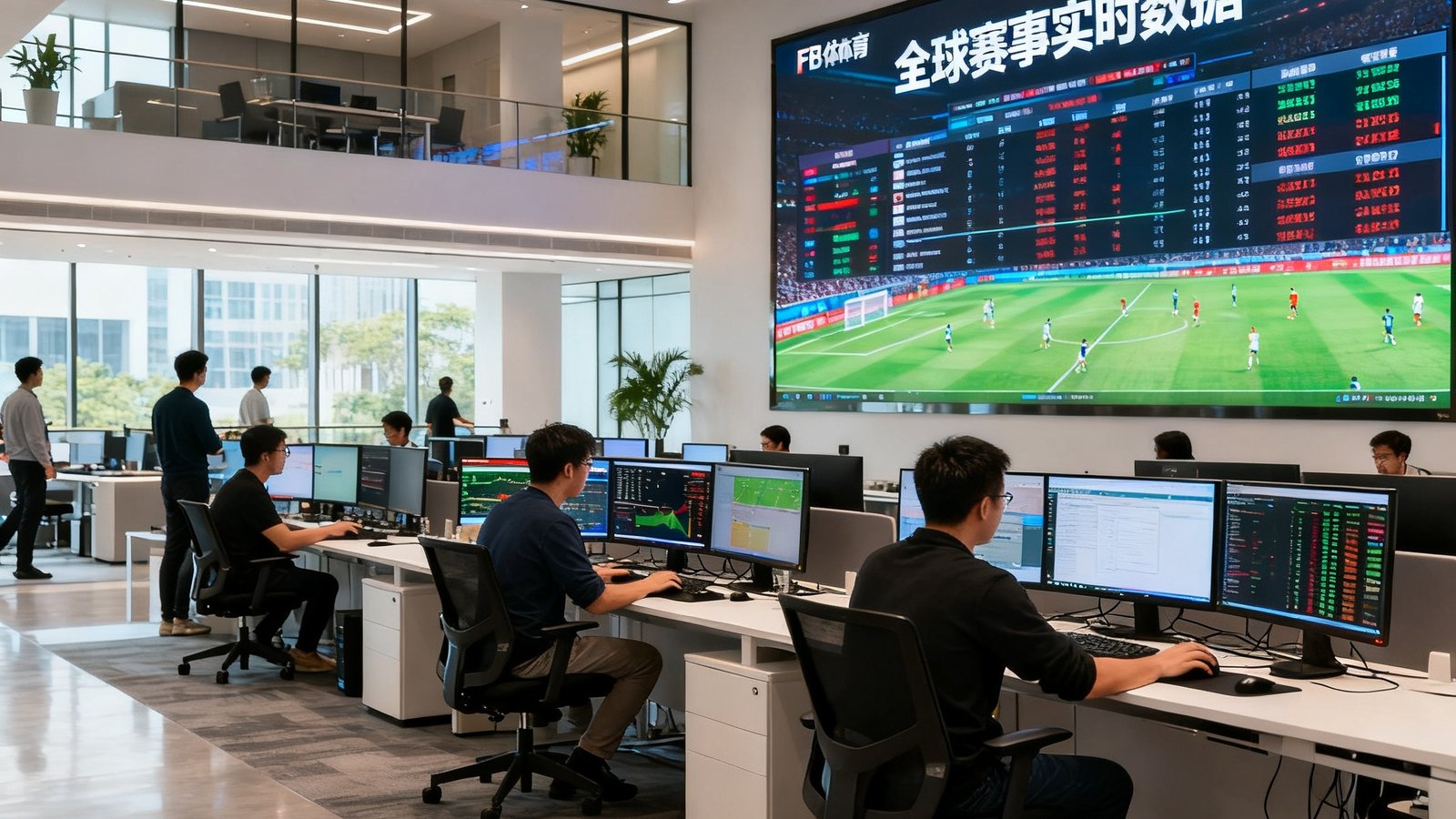 FB体育深圳总部开放式办公区实拍，宽敞明亮的空间内数据工程师和体育分析师在多个显示屏前协作工作，墙上大屏幕滚动全球赛事实时数据