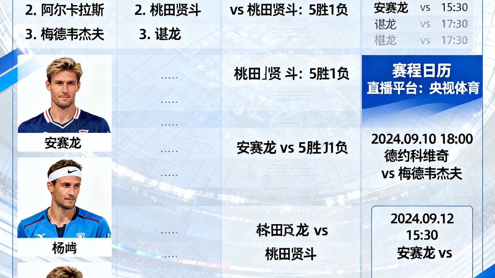 网球羽毛球赛事数据页面，展示ATP和BWF排名、选手交手记录、赛程日历和比赛直播信息