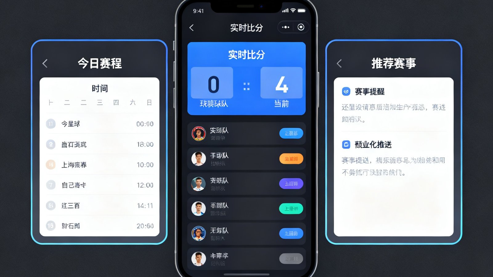 FB体育试玩界面手机端展示，显示实时比分卡片、赛程日历和个性化推送通知的深色主题UI